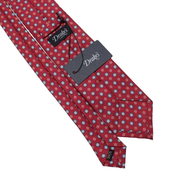 Drake's NWT Neck Tie in Red with Light Blue & White Geometric Pattern 100% Silk
